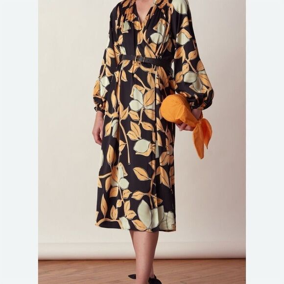 Stine Goya XS Sebia Wrap Lemon Leaf Print Oversized Midi Dress Multicolor - Picture 1 of 10